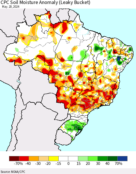 Brazil CPC Soil Moisture Anomaly (Leaky Bucket) Thematic Map For 5/16/2024 - 5/20/2024