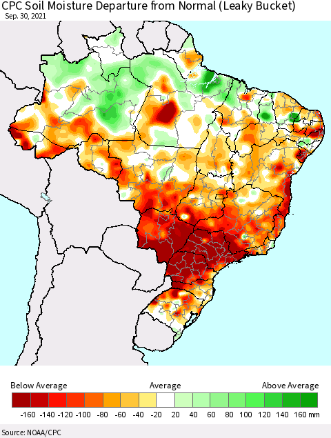 Brazil CPC Soil Moisture Departure from Normal (Leaky Bucket) Thematic Map For 9/26/2021 - 9/30/2021