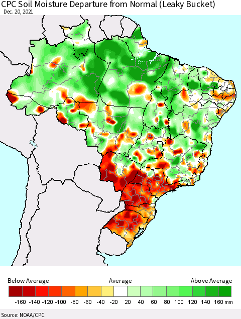 Brazil CPC Soil Moisture Departure from Normal (Leaky Bucket) Thematic Map For 12/16/2021 - 12/20/2021