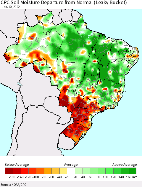 Brazil CPC Soil Moisture Departure from Normal (Leaky Bucket) Thematic Map For 1/6/2022 - 1/10/2022