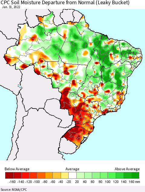 Brazil CPC Soil Moisture Departure from Normal (Leaky Bucket) Thematic Map For 1/26/2022 - 1/31/2022