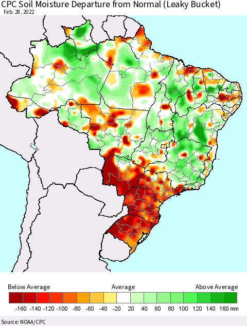 Brazil CPC Soil Moisture Departure from Normal (Leaky Bucket) Thematic Map For 2/26/2022 - 2/28/2022