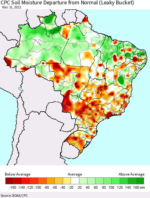 Brazil CPC Soil Moisture Departure from Normal (Leaky Bucket) Thematic Map For 3/26/2022 - 3/31/2022