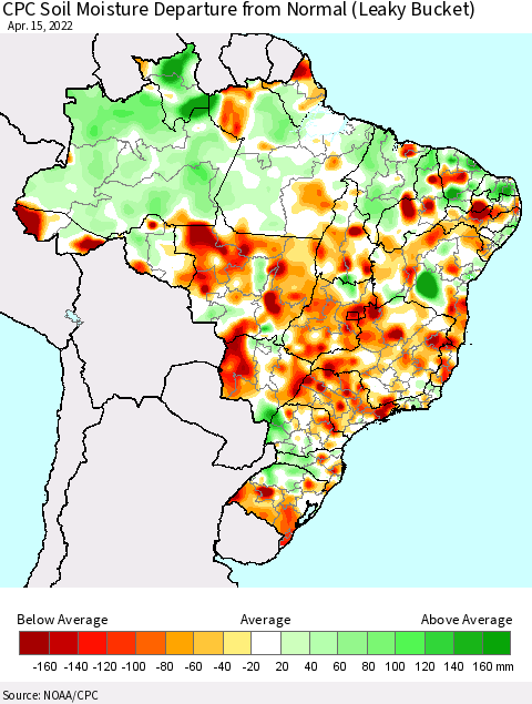 Brazil CPC Soil Moisture Departure from Normal (Leaky Bucket) Thematic Map For 4/11/2022 - 4/15/2022