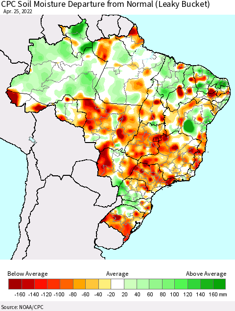 Brazil CPC Soil Moisture Departure from Normal (Leaky Bucket) Thematic Map For 4/21/2022 - 4/25/2022