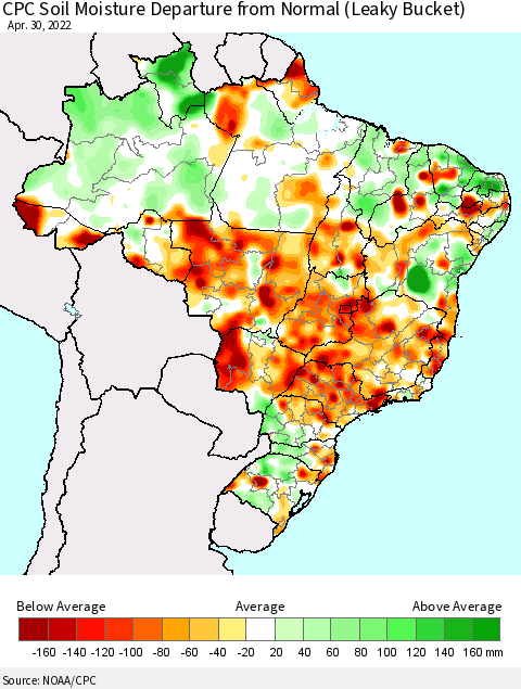 Brazil CPC Soil Moisture Departure from Normal (Leaky Bucket) Thematic Map For 4/26/2022 - 4/30/2022