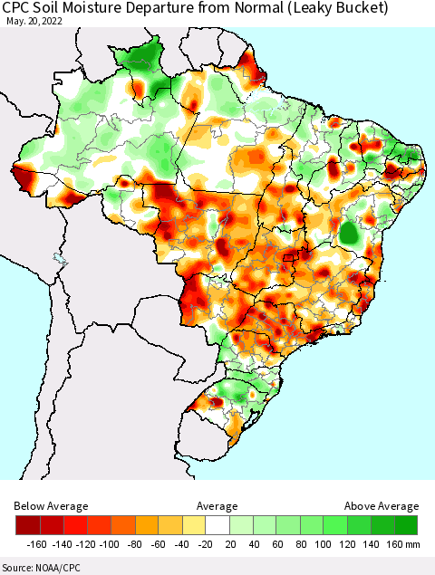Brazil CPC Soil Moisture Departure from Normal (Leaky Bucket) Thematic Map For 5/16/2022 - 5/20/2022