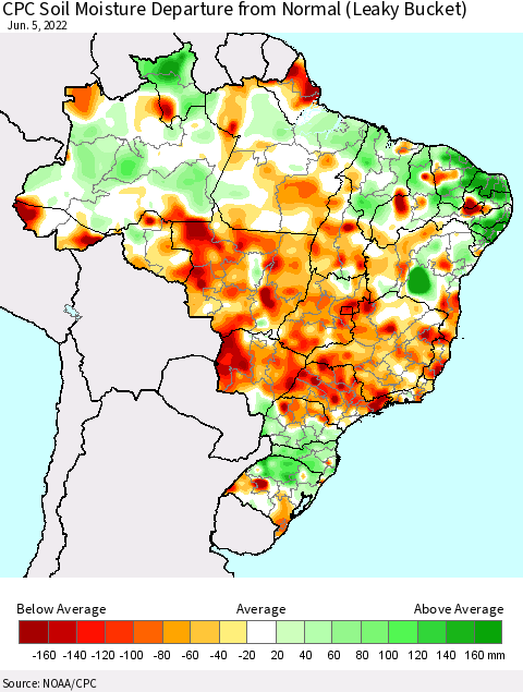 Brazil CPC Soil Moisture Departure from Normal (Leaky Bucket) Thematic Map For 6/1/2022 - 6/5/2022
