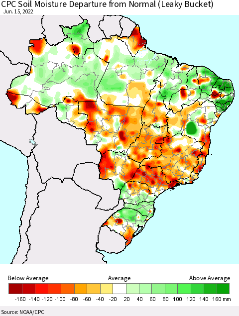 Brazil CPC Soil Moisture Departure from Normal (Leaky Bucket) Thematic Map For 6/11/2022 - 6/15/2022