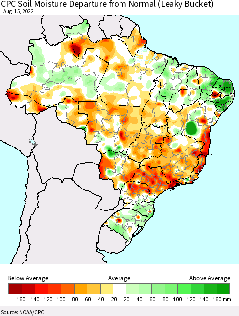 Brazil CPC Soil Moisture Departure from Normal (Leaky Bucket) Thematic Map For 8/11/2022 - 8/15/2022