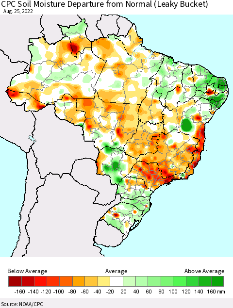 Brazil CPC Soil Moisture Departure from Normal (Leaky Bucket) Thematic Map For 8/21/2022 - 8/25/2022