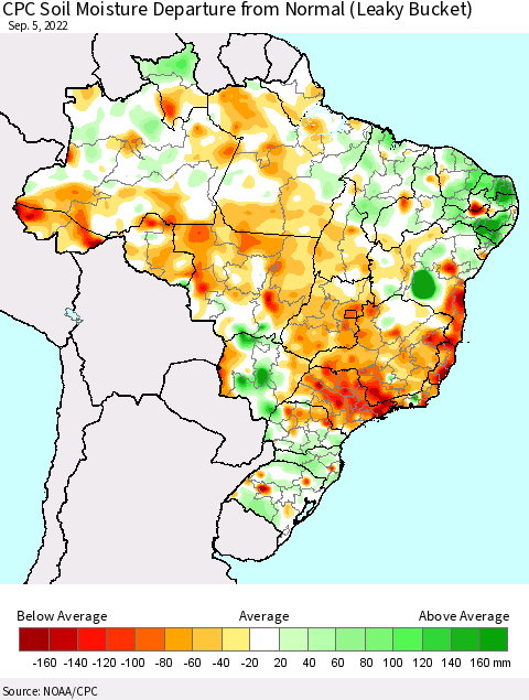Brazil CPC Soil Moisture Departure from Normal (Leaky Bucket) Thematic Map For 9/1/2022 - 9/5/2022