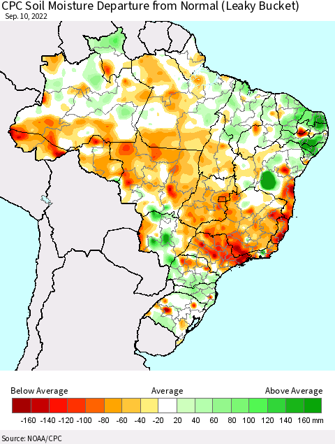 Brazil CPC Soil Moisture Departure from Normal (Leaky Bucket) Thematic Map For 9/6/2022 - 9/10/2022