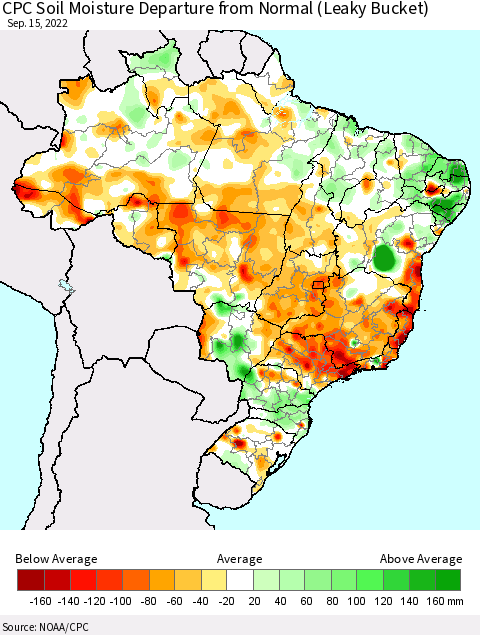 Brazil CPC Soil Moisture Departure from Normal (Leaky Bucket) Thematic Map For 9/11/2022 - 9/15/2022