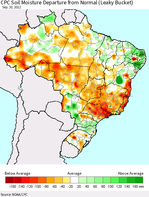 Brazil CPC Soil Moisture Departure from Normal (Leaky Bucket) Thematic Map For 9/16/2022 - 9/20/2022
