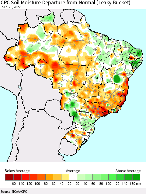 Brazil CPC Soil Moisture Departure from Normal (Leaky Bucket) Thematic Map For 9/21/2022 - 9/25/2022