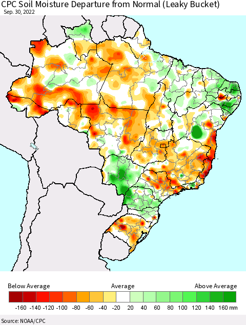 Brazil CPC Soil Moisture Departure from Normal (Leaky Bucket) Thematic Map For 9/26/2022 - 9/30/2022