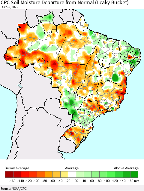 Brazil CPC Soil Moisture Departure from Normal (Leaky Bucket) Thematic Map For 10/1/2022 - 10/5/2022
