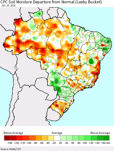 Brazil CPC Soil Moisture Departure from Normal (Leaky Bucket) Thematic Map For 10/6/2022 - 10/10/2022