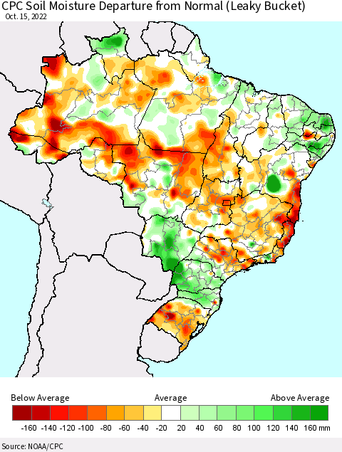 Brazil CPC Soil Moisture Departure from Normal (Leaky Bucket) Thematic Map For 10/11/2022 - 10/15/2022