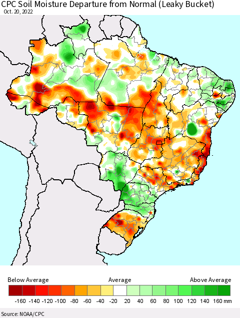 Brazil CPC Soil Moisture Departure from Normal (Leaky Bucket) Thematic Map For 10/16/2022 - 10/20/2022