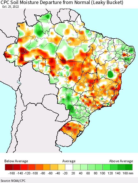 Brazil CPC Soil Moisture Departure from Normal (Leaky Bucket) Thematic Map For 10/21/2022 - 10/25/2022