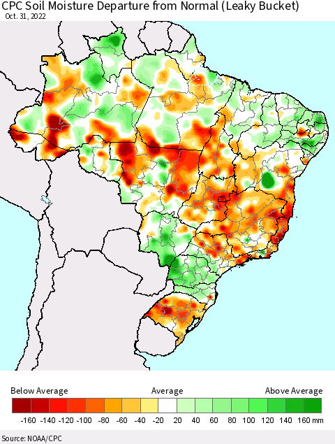 Brazil CPC Soil Moisture Departure from Normal (Leaky Bucket) Thematic Map For 10/26/2022 - 10/31/2022