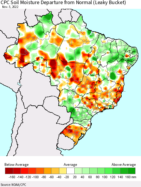 Brazil CPC Soil Moisture Departure from Normal (Leaky Bucket) Thematic Map For 11/1/2022 - 11/5/2022