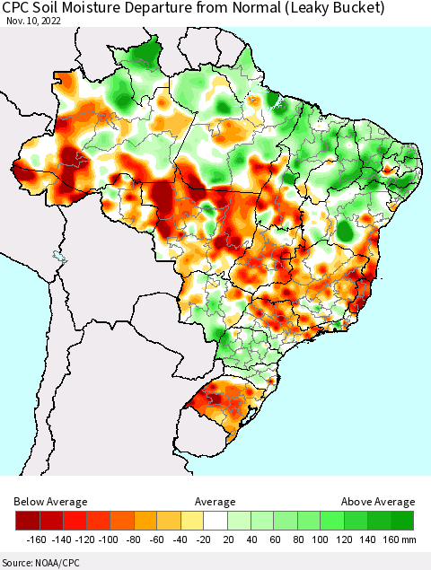 Brazil CPC Soil Moisture Departure from Normal (Leaky Bucket) Thematic Map For 11/6/2022 - 11/10/2022