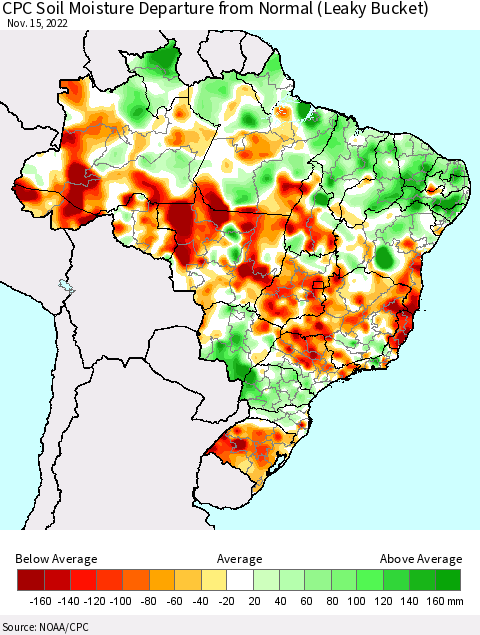 Brazil CPC Soil Moisture Departure from Normal (Leaky Bucket) Thematic Map For 11/11/2022 - 11/15/2022