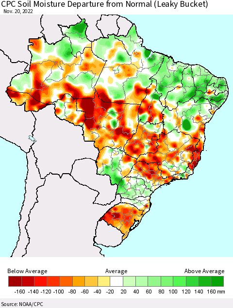 Brazil CPC Soil Moisture Departure from Normal (Leaky Bucket) Thematic Map For 11/16/2022 - 11/20/2022