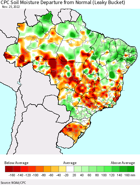 Brazil CPC Soil Moisture Departure from Normal (Leaky Bucket) Thematic Map For 11/21/2022 - 11/25/2022