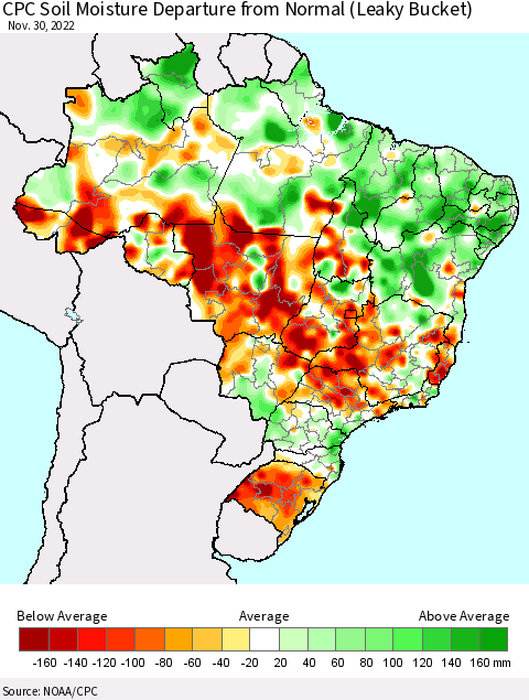 Brazil CPC Soil Moisture Departure from Normal (Leaky Bucket) Thematic Map For 11/26/2022 - 11/30/2022