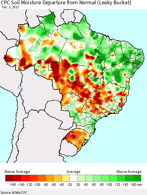 Brazil CPC Soil Moisture Departure from Normal (Leaky Bucket) Thematic Map For 12/1/2022 - 12/5/2022
