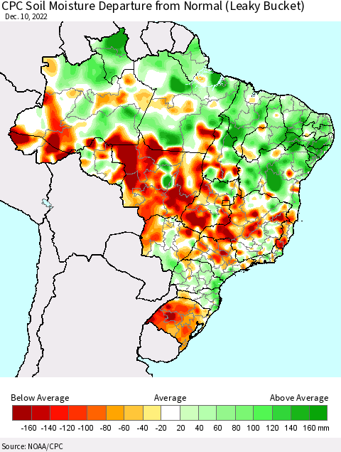 Brazil CPC Soil Moisture Departure from Normal (Leaky Bucket) Thematic Map For 12/6/2022 - 12/10/2022