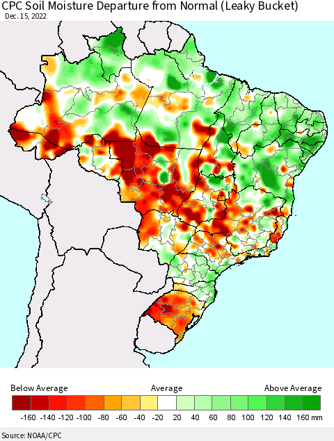 Brazil CPC Soil Moisture Departure from Normal (Leaky Bucket) Thematic Map For 12/11/2022 - 12/15/2022