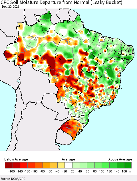 Brazil CPC Soil Moisture Departure from Normal (Leaky Bucket) Thematic Map For 12/16/2022 - 12/20/2022