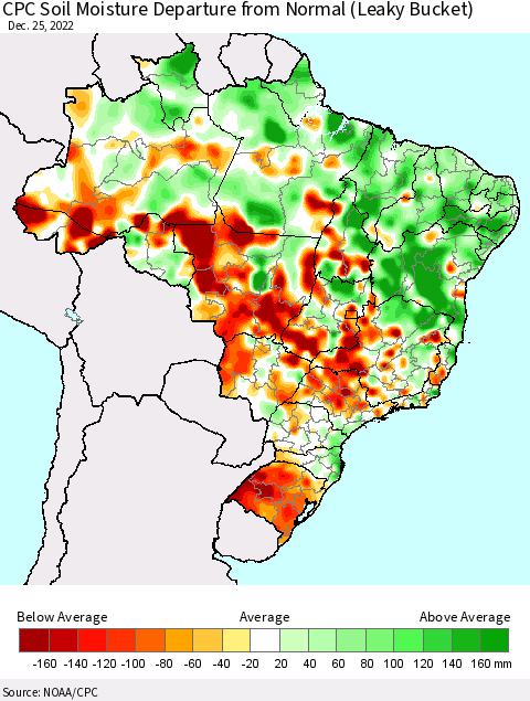 Brazil CPC Soil Moisture Departure from Normal (Leaky Bucket) Thematic Map For 12/21/2022 - 12/25/2022