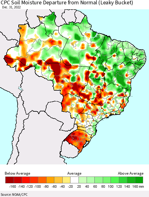Brazil CPC Soil Moisture Departure from Normal (Leaky Bucket) Thematic Map For 12/26/2022 - 12/31/2022