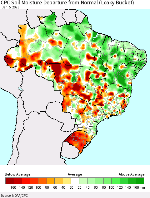 Brazil CPC Soil Moisture Departure from Normal (Leaky Bucket) Thematic Map For 1/1/2023 - 1/5/2023