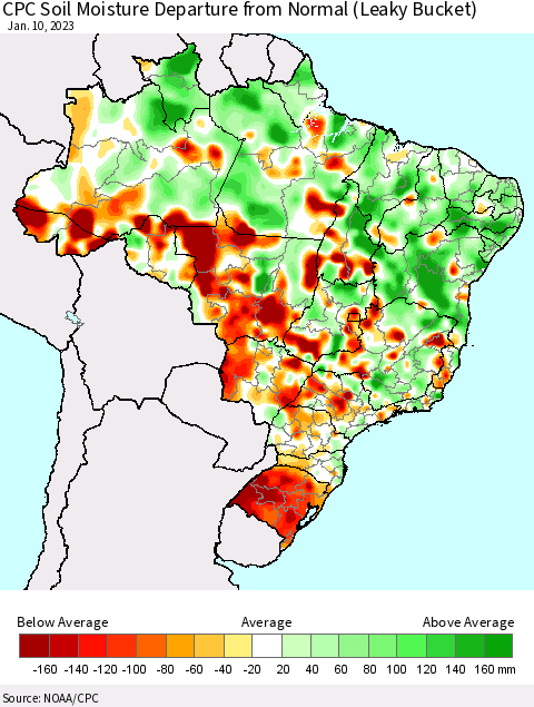 Brazil CPC Soil Moisture Departure from Normal (Leaky Bucket) Thematic Map For 1/6/2023 - 1/10/2023