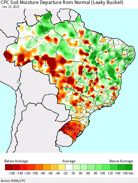 Brazil CPC Soil Moisture Departure from Normal (Leaky Bucket) Thematic Map For 1/11/2023 - 1/15/2023