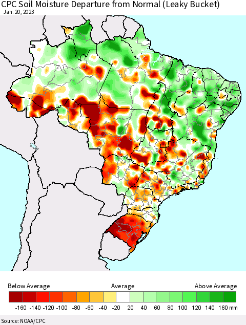 Brazil CPC Soil Moisture Departure from Normal (Leaky Bucket) Thematic Map For 1/16/2023 - 1/20/2023