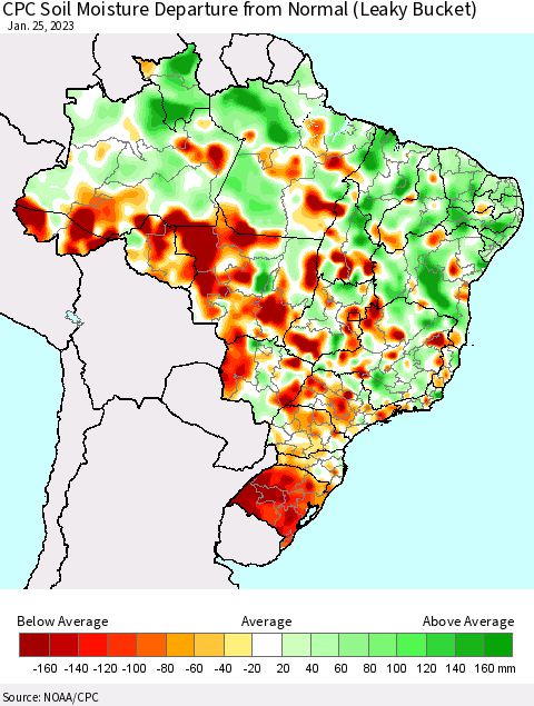 Brazil CPC Soil Moisture Departure from Normal (Leaky Bucket) Thematic Map For 1/21/2023 - 1/25/2023
