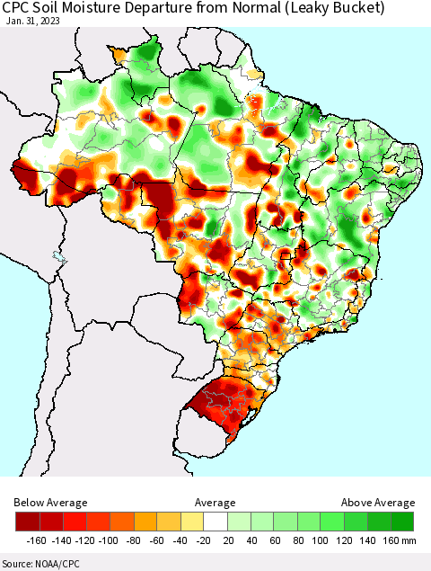 Brazil CPC Soil Moisture Departure from Normal (Leaky Bucket) Thematic Map For 1/26/2023 - 1/31/2023