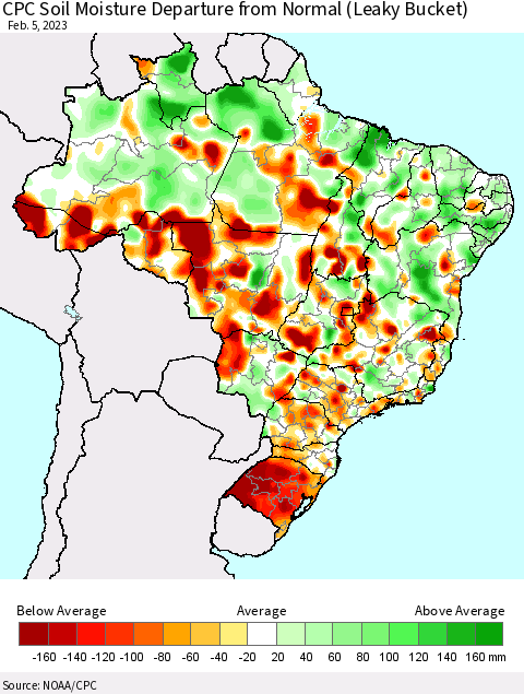Brazil CPC Soil Moisture Departure from Normal (Leaky Bucket) Thematic Map For 2/1/2023 - 2/5/2023