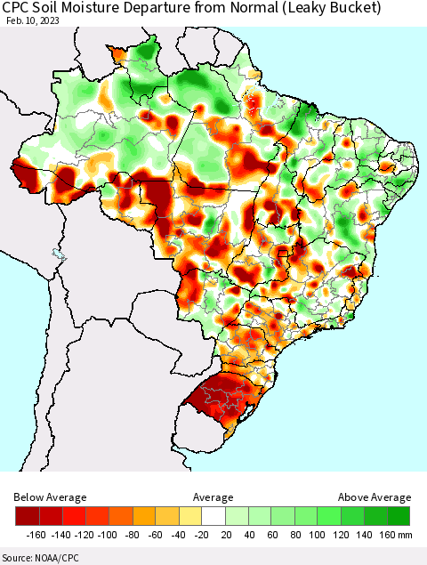 Brazil CPC Soil Moisture Departure from Normal (Leaky Bucket) Thematic Map For 2/6/2023 - 2/10/2023
