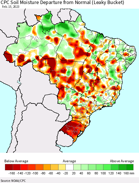 Brazil CPC Soil Moisture Departure from Normal (Leaky Bucket) Thematic Map For 2/11/2023 - 2/15/2023
