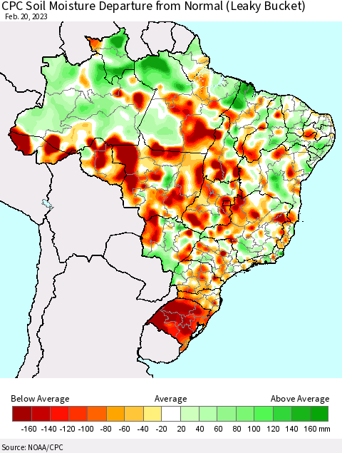 Brazil CPC Soil Moisture Departure from Normal (Leaky Bucket) Thematic Map For 2/16/2023 - 2/20/2023