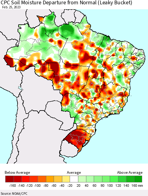 Brazil CPC Soil Moisture Departure from Normal (Leaky Bucket) Thematic Map For 2/21/2023 - 2/25/2023